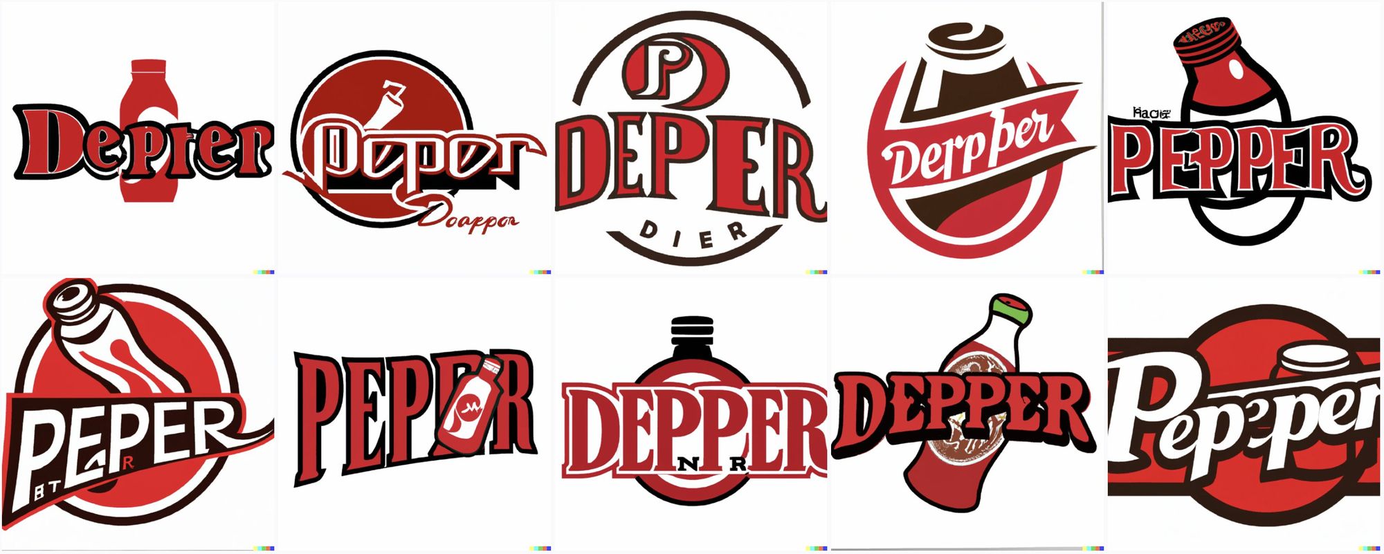 Logos that are dark red, black and white, like the real dr pepper logo. All have bottles or cans incoroporated into the logos, which are spelled like "Derpper" and "Depper" and "Pepeper"