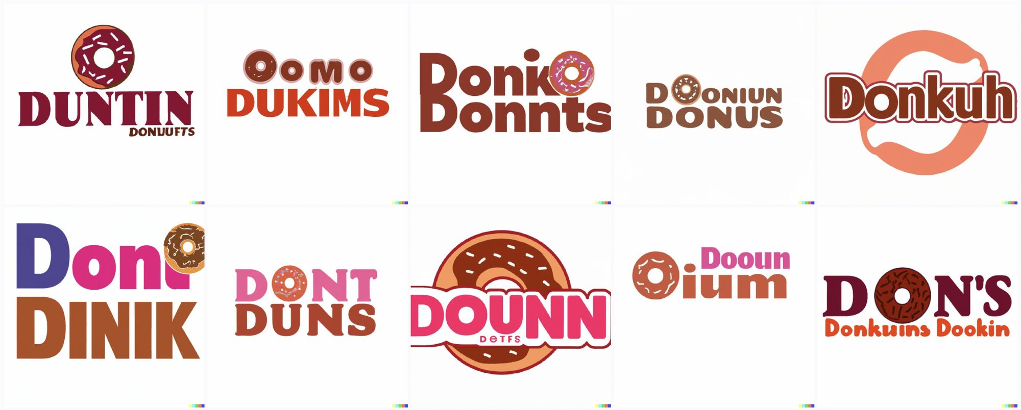 Logos, each of which involves at least one donut image. They are variations on "Duntin Donuufts", "Oomo Dukims", "Doinko Donnts", "Dont Duns", and "Donkuh"