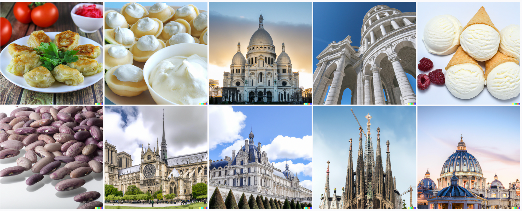 The Taj Mahal, Sainte Chappelle, Notre Dame, L'Hotel de Ville, and some other fancy european domed landmark. Interspersed with pinto beans, ice cream cones lying on the table, cream covered tartlets, and potstickers