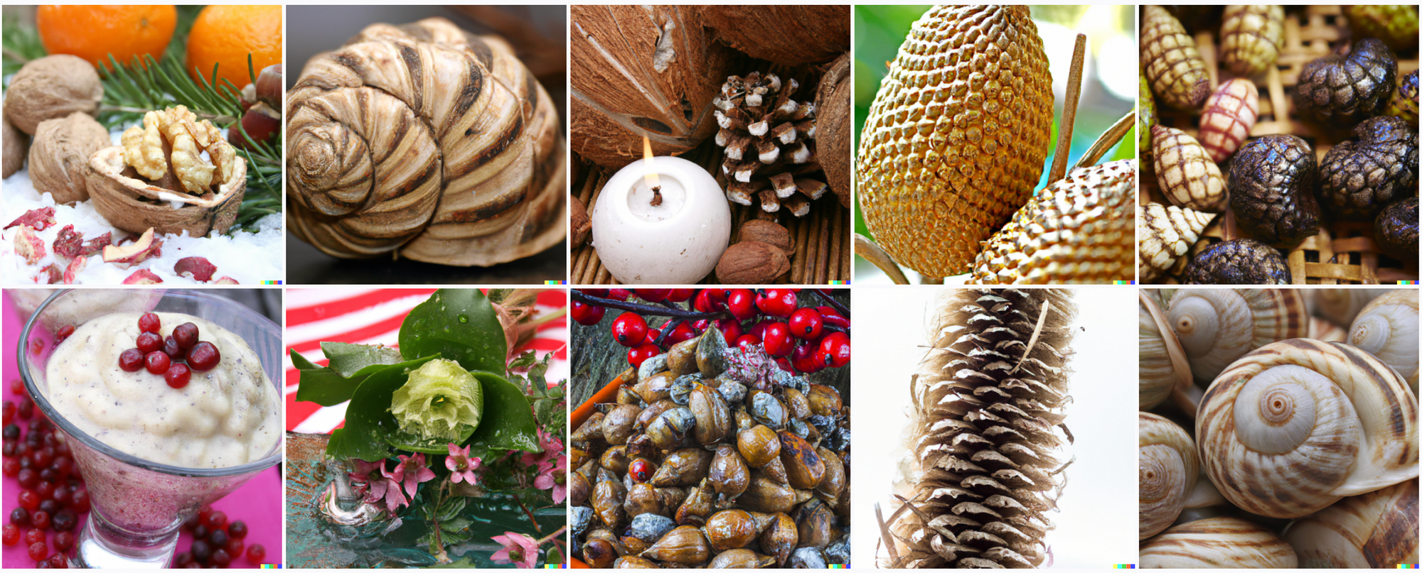 Three images are of snails, two are of pinecones, one might be a durian, another is a walnut, another might be a combination between an almond and a hand grenade