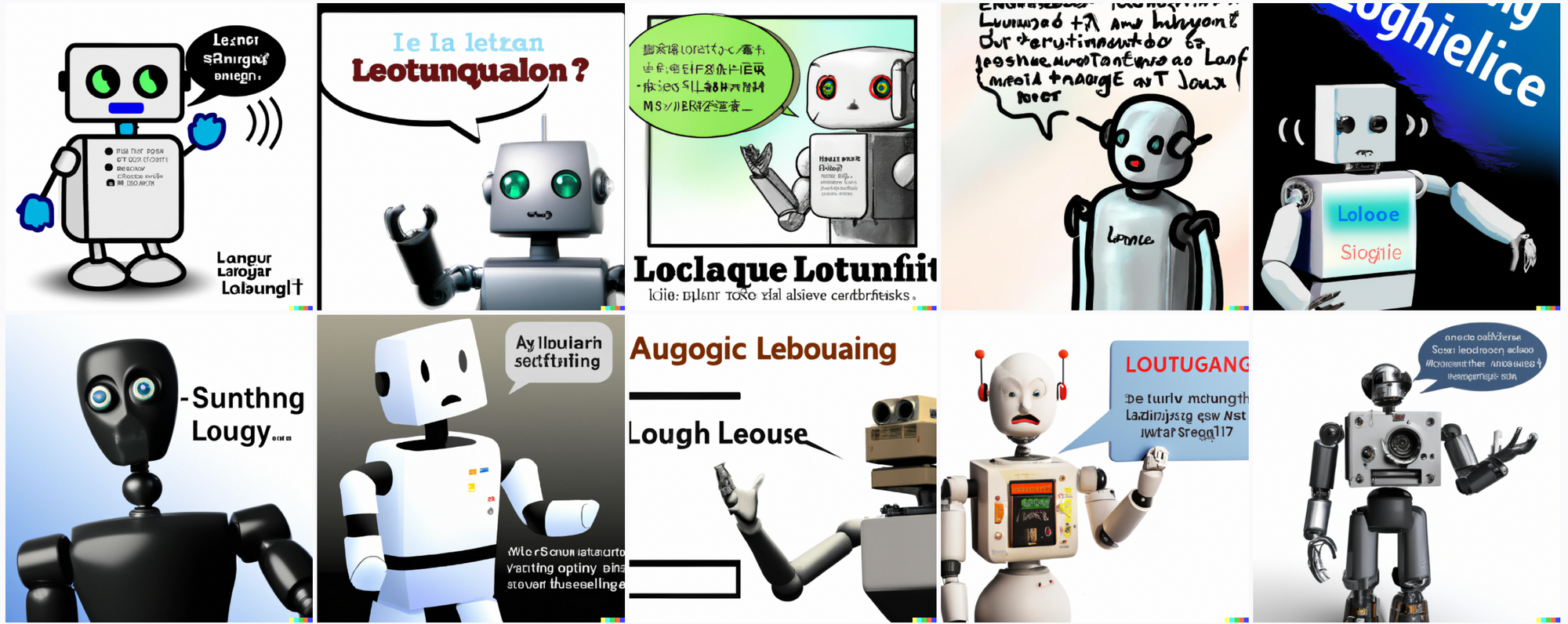 Various boxy robots holdig up a single hand and emitting speech bubbles with illegible text