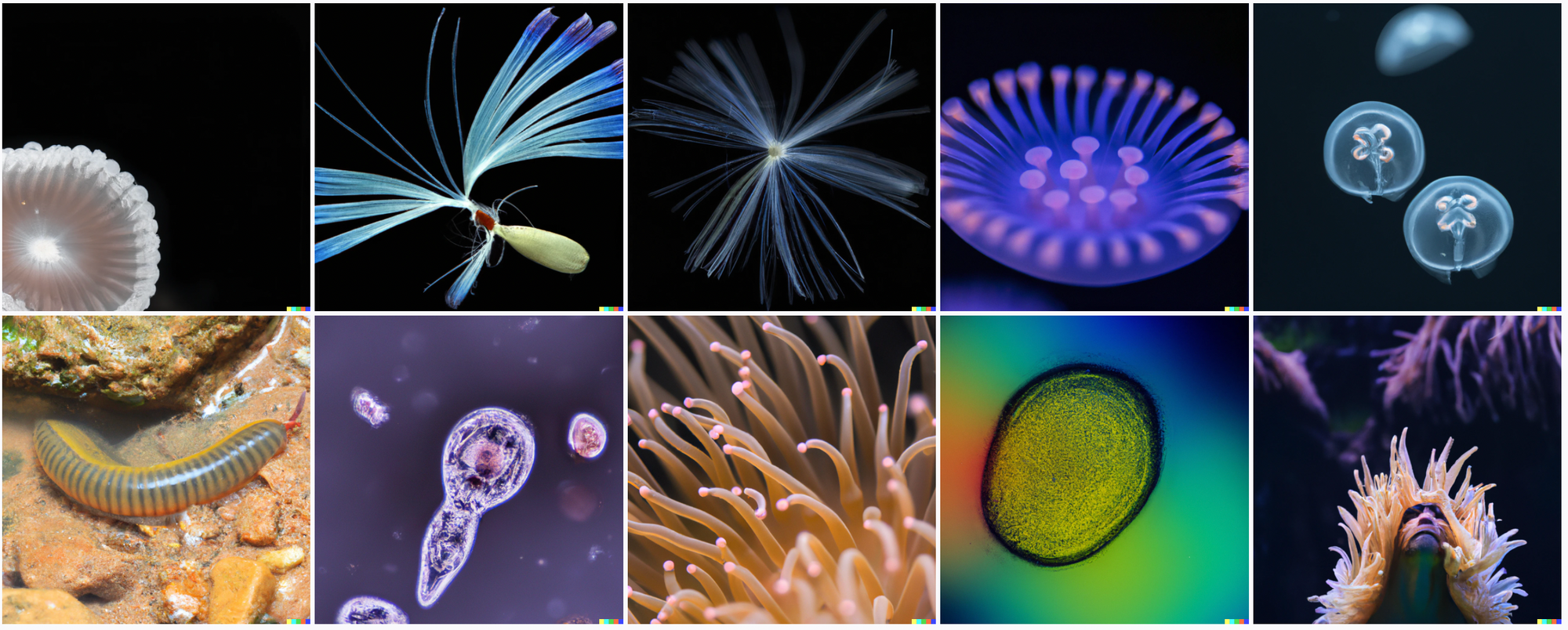Various sea invertebrates, like anenomes and jellyfish. One anenome appears to be someone's hair