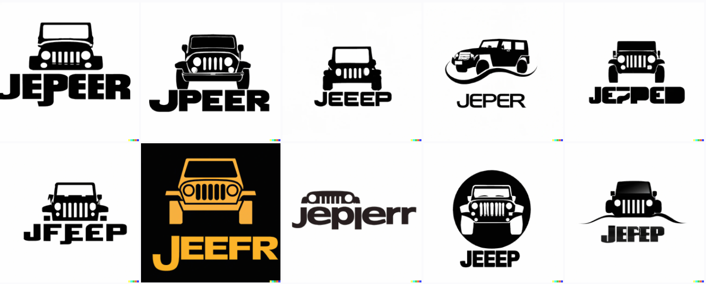Black and white logos with jeep silhouettes on them (or in one case just the headlights and front grille). The text reads Jeeep, and Jepep, and jepjerr, and Jeefr.
