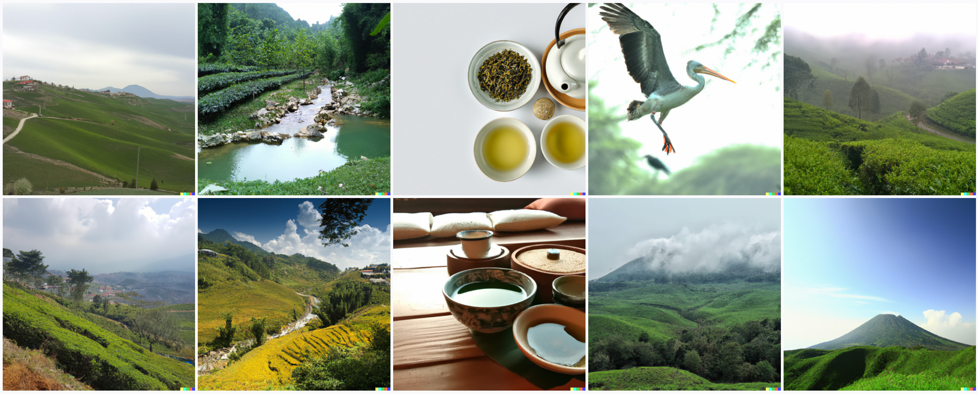 Green mountains covered in lush crops thatstrongly resemble tea, two images of tea-filled teacups, and one image of a flying stork.