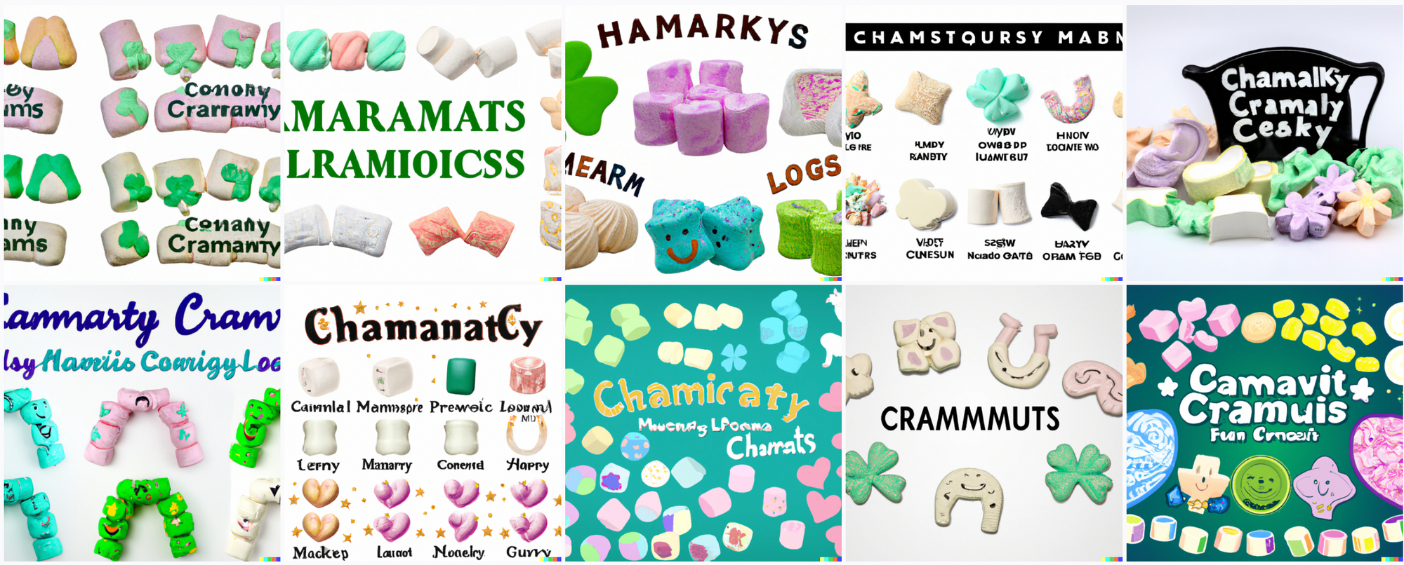 Pastel-colored collections of marshmallows, most of which are just plain marshmallow shaped. A few are hearts, clovers, and horseshoes. The accompanying text is mostly clear but says stuff like "Hamarkys" and "Crammmuts"