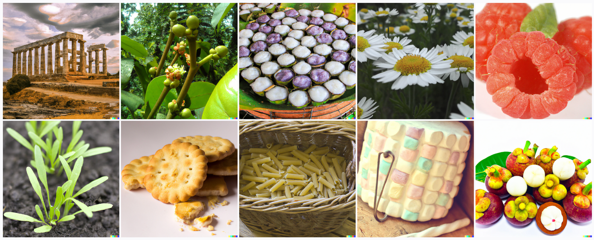 Roman ruins, seedlings, daisies, crackers, baskets of noodles, raspberries, purple eggplants, stuffled tomatoes, and a cylinder made of marshmallows.