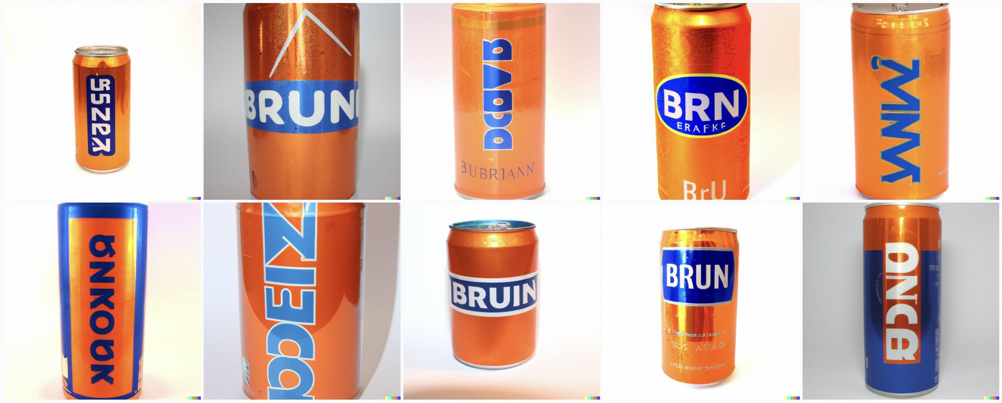 Tall soda cans, orange with bright blue lettering. This is the color scheme of Irn Bru. But the letters all read "BRN" or "Brun" or "Bruin" or other completely illegible characters.