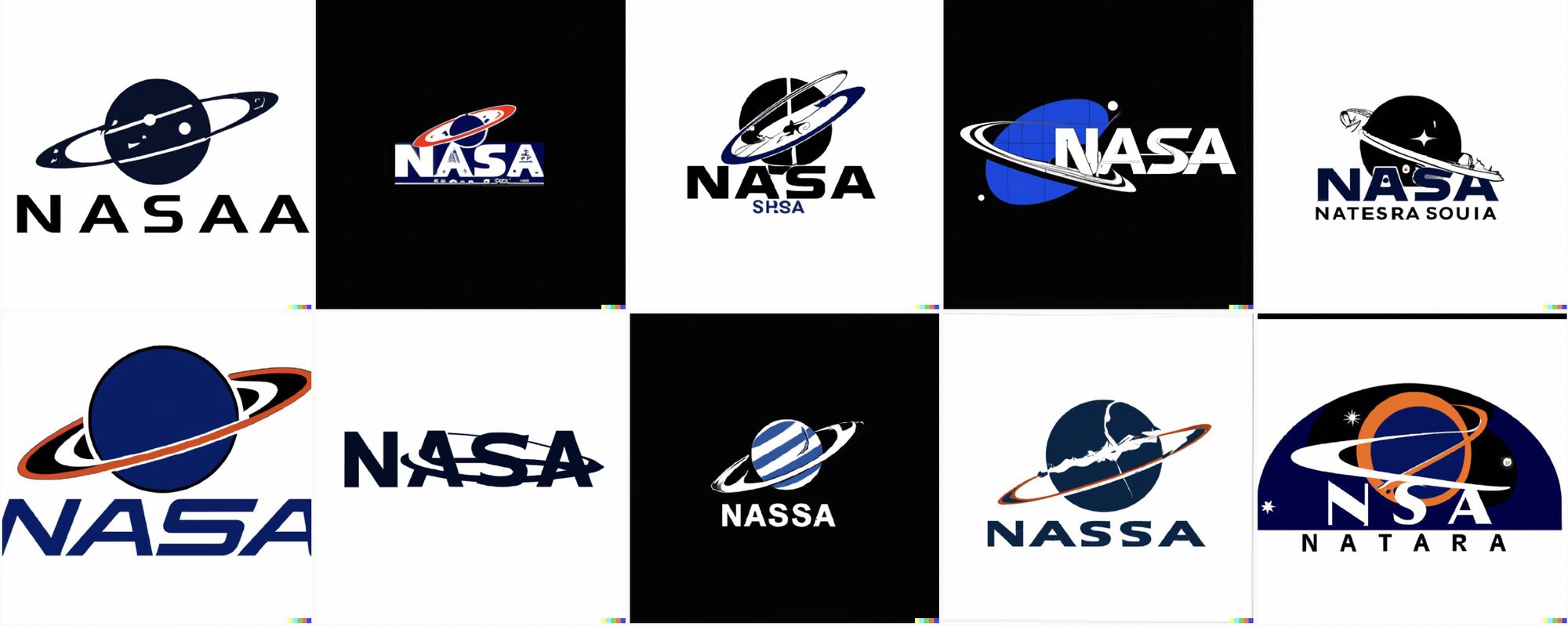 Black, red, and blue logos, featuring saturn and its rings. Text reads "nasaa" or "nassa" or even "nsa natara" and half of them read "nasa"