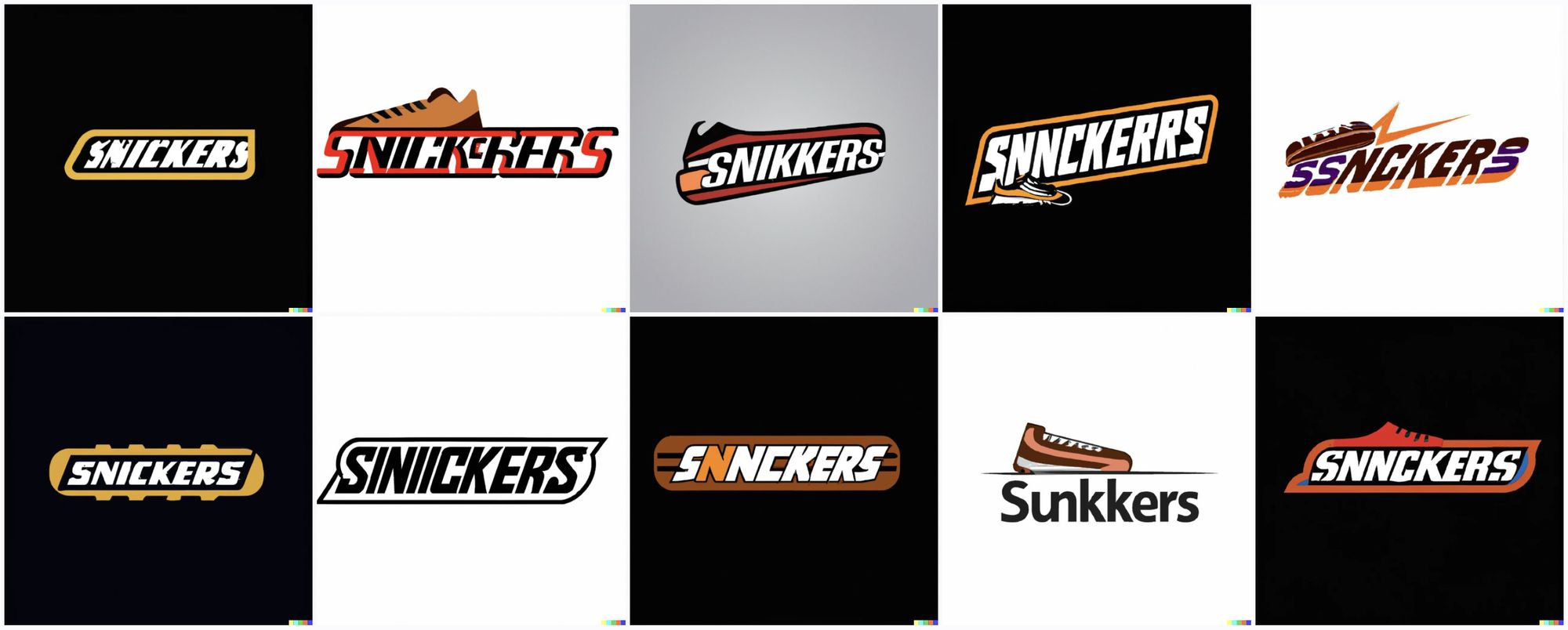 The logos on average look a bit like the Snickers logo, but several of them incorporate small sneakers, and they all say things like "Snnckerrs" and "Siniickers" and "Sunkkers"