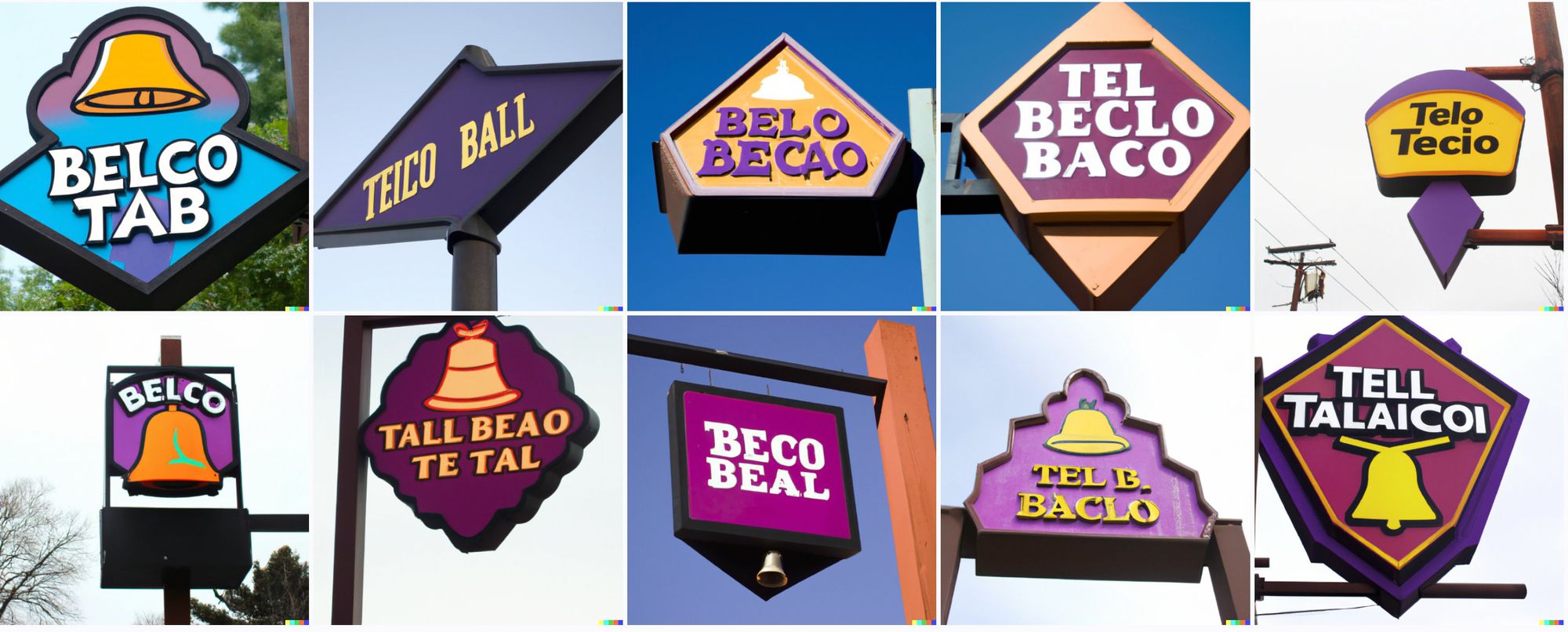 Store signs mostly in purple and yellow. Many of them are triangular and/or include cartoon bells. One has a real bell, ludicrously tiny. They read things like "Belco Tab" and "Teico Ball" and "Belo Becao" and "Tel B. Baclo"