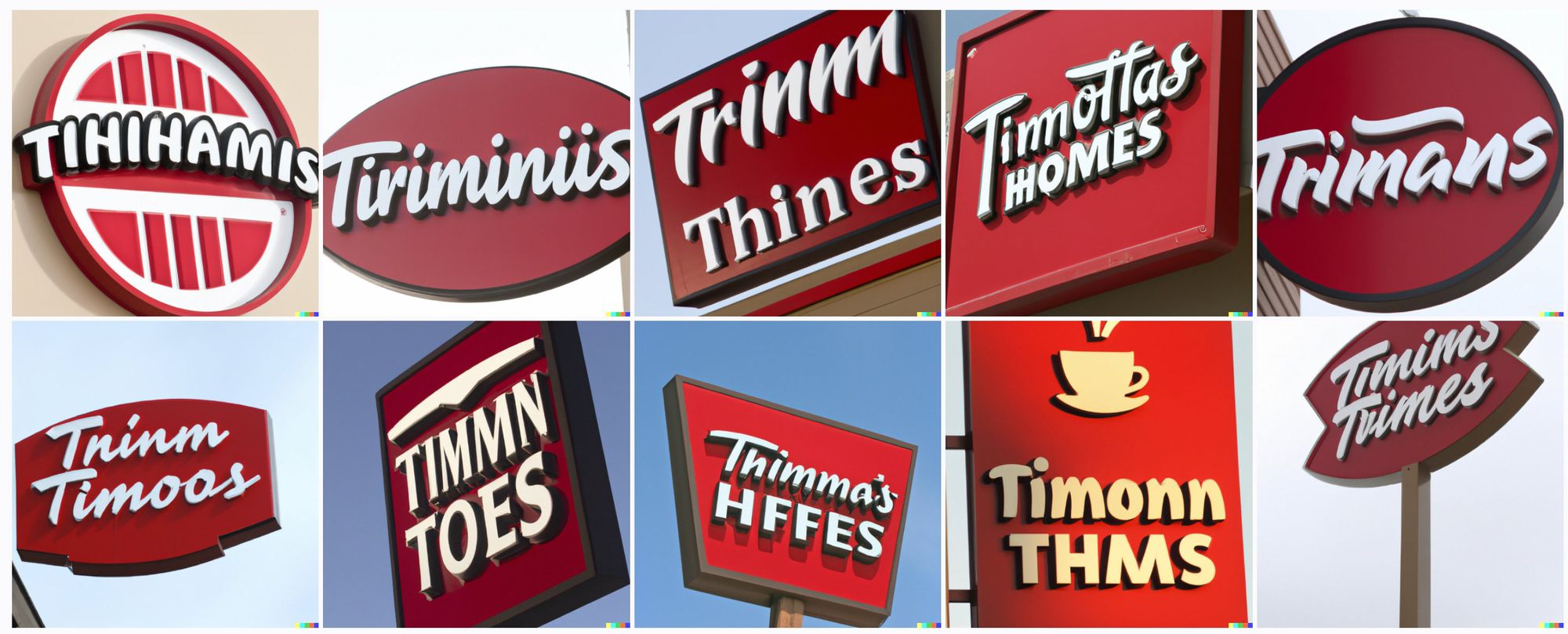 White script on red signs, of various shapes. One has a coffee cup. The words read something like "Tihihamis" and "Trinmm Thines" and "Thimma's HFFES" and "Tninm Timoos" and "Timmn Toes"