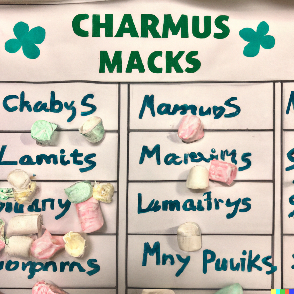 Handwritten chart with pastel-colored mini marshmallows scattered across it. Title reads "Charmus Macks", and the marshmallows are labeled "chabys", "Lamits", Mny Puuiks", and Lumaitrys.