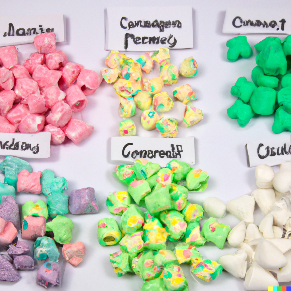 Piles of mini marshmallows in bright colors with pastel splotches on them. The labels are pretty much illegible, although one reads something like Gonerealf