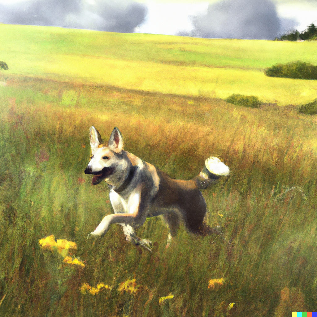 A husky dog running across a golden field. Its left paw is a bit blobby, but the rest of the dog is more or less in the right place and proportions.