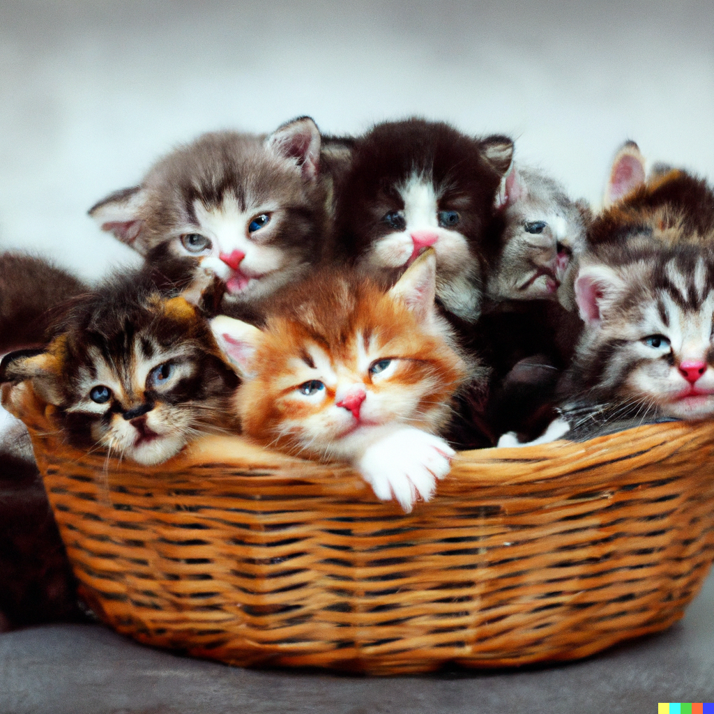 A basket of at least six kittens, who between them have about five complete faces. One kitten has too many toes on its paw and the other faces look a bit jumbled.