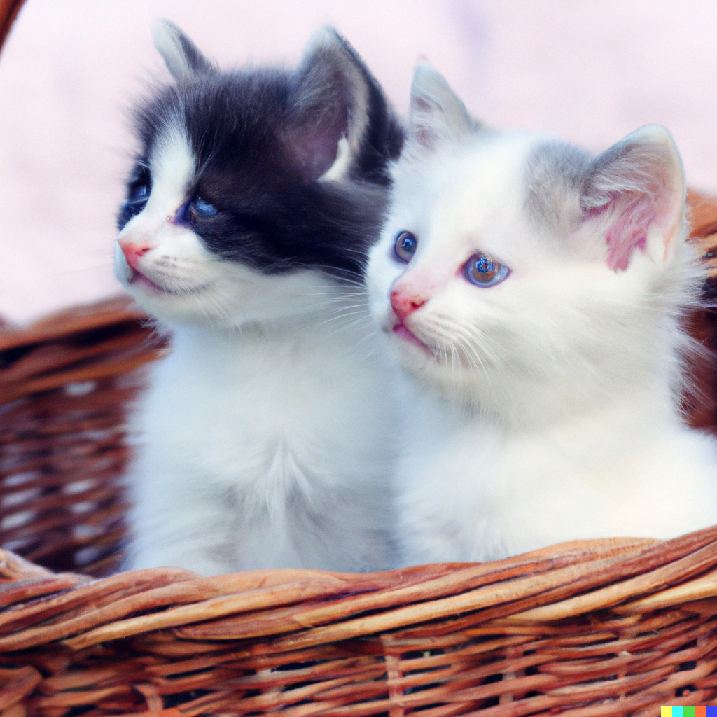 Two black and white kittens looking off to the left. Both have the correct number of eyes and ears and noses, but the shape of the head isn't quite right, and the eyes are blobby and unevenly positioned.
