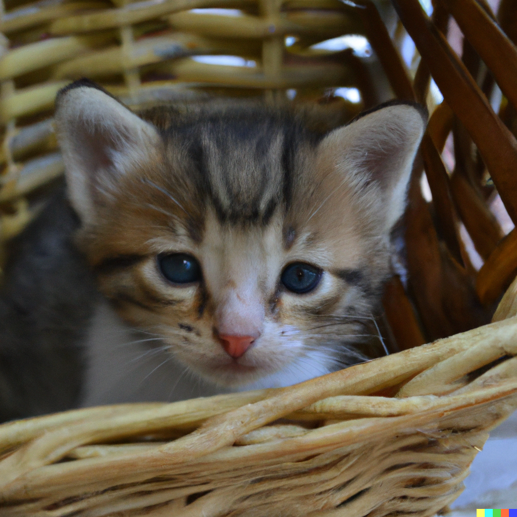 A single kitten in a basket. It looks almost photorealistic, though one eye is noticeably bigger than the other, and its whiskers are weird.