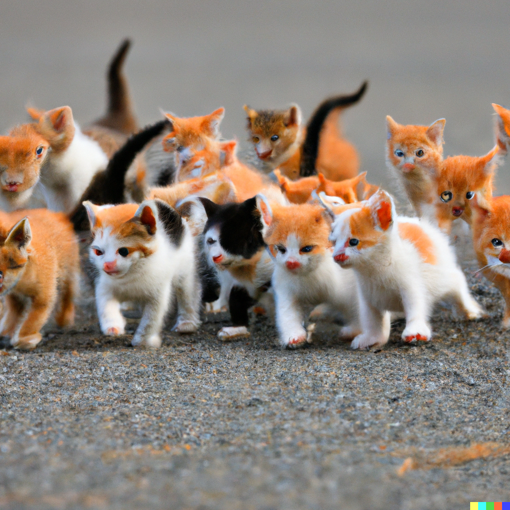 About twelve kittens, some of which are quite indistinct. One of them noticeably has an extra face on its belly.