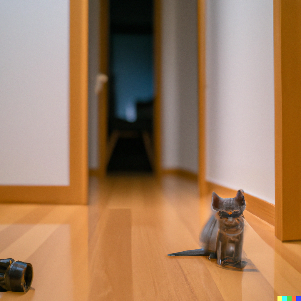 A 3d rendered-style room leading into a hallway and a mysterious shadowed far room. On the shiny wooden floor is a catlike shape, although it's smeary and indistinct.