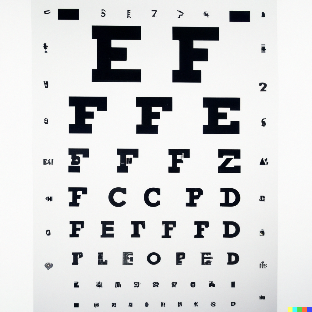 An eye chart with the top two rows looking normal, and the lettes in the lower row increasingly broken up or festooned with extra loops and hatch marks. By the last two rows, the letters aren't English characters anymore, though their shapes are still crisp.