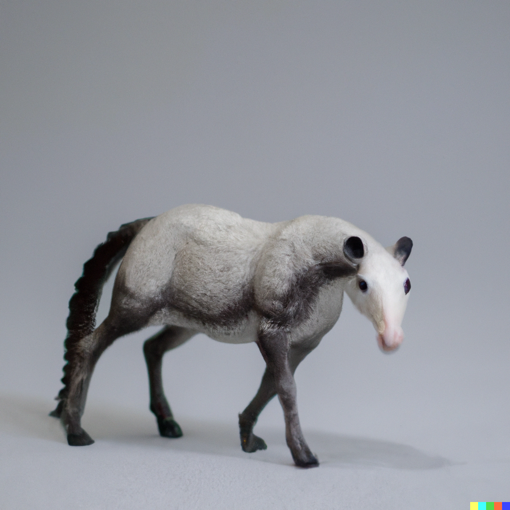 A horse toy with opossum face and ears, and opossum coloration. Its tail is long and bony.