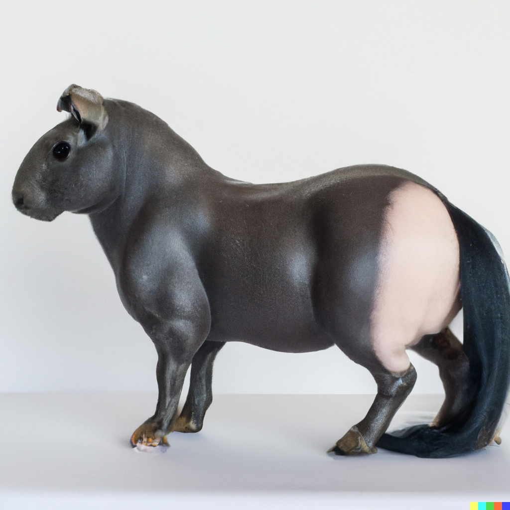 A chunky horse with guinea pig markings, guinea pig ears, and a guinea pig face. Its legs are short but hooved.