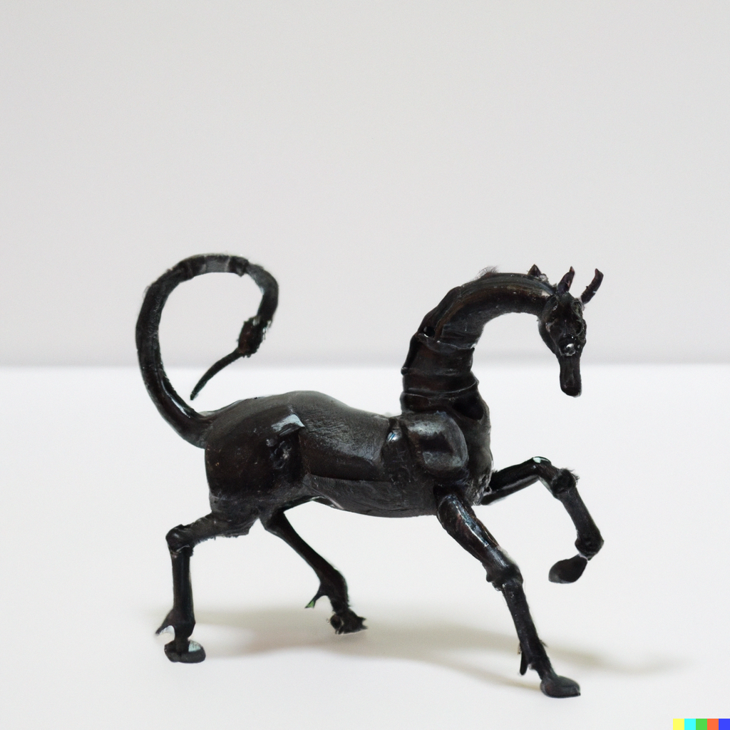 skinny, spiky black horse with armor-like texturing. The tail is arched over the horse's back and has a scorpion stinger.