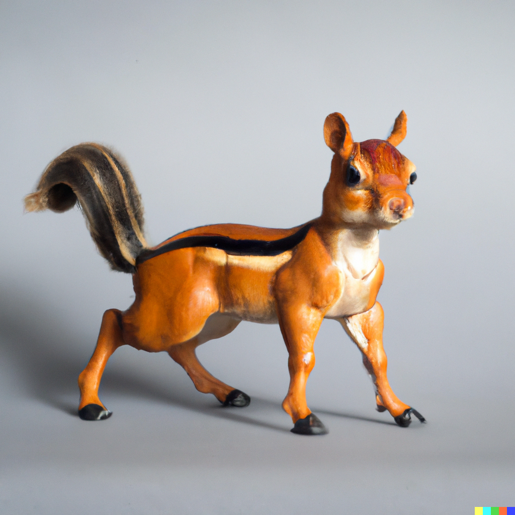 Mostly looks like a chipmunk, but body and legs are very horselike. The tail is arched in a very horse toy like way.