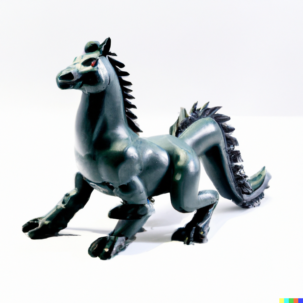 Metallic grey horse toy with claws, a glowing red eye, and spiked mane. Tail is thick with dragon spikes.