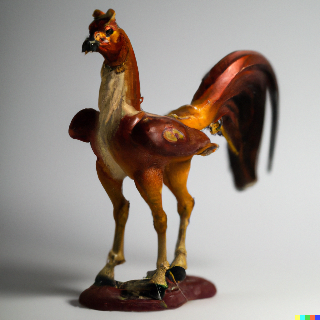 A slim horse with beak, wings, and rooster tail. It has three horse legs, two in front, and one in back.