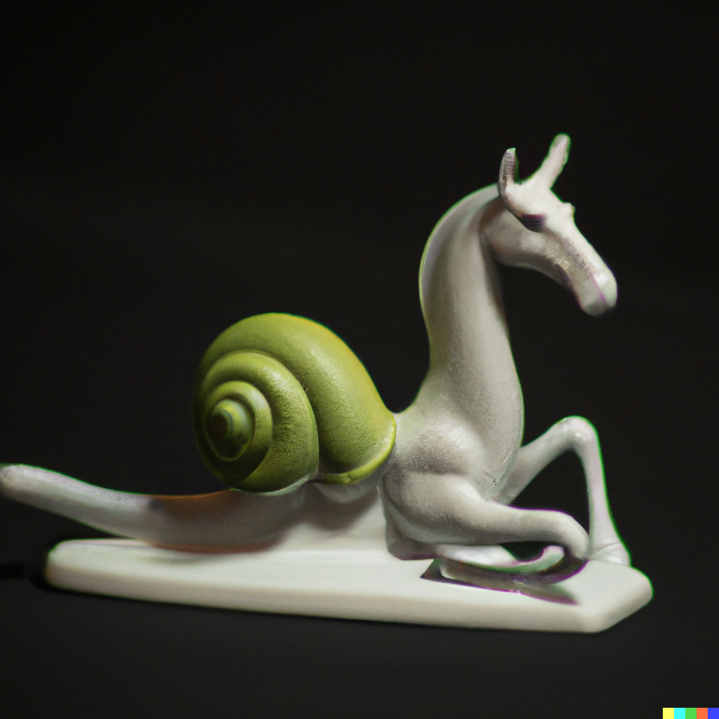 A green snail shell with a hairless white horse front half emerging from it. The horse has no mane, skinny ears, and a long drooping muzzle. Its back end is a pointed snail foot.