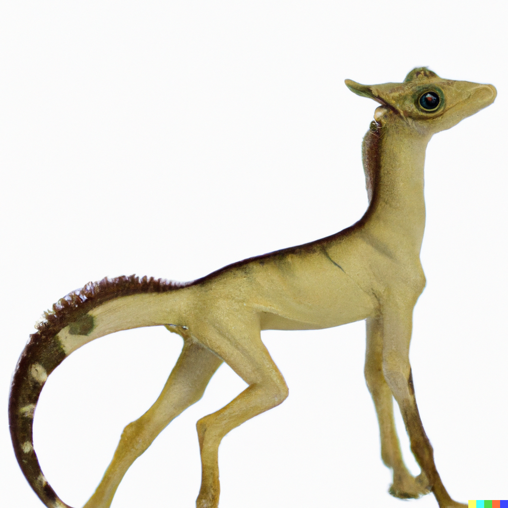 A bony, scaly horse toy with large gecko eye and striped tail. Face is very lizardy, though it also has a large pointed ear.