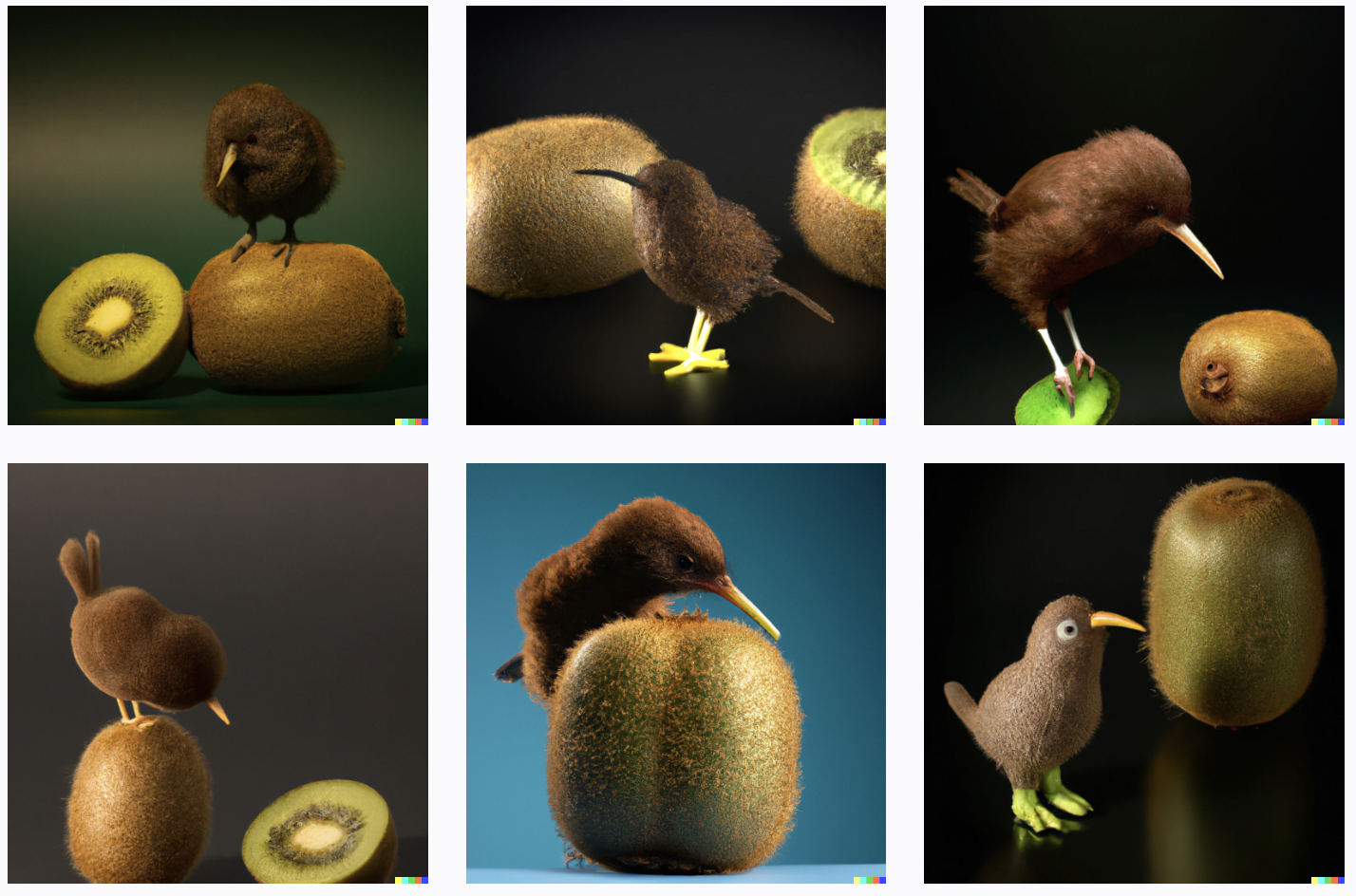 Fuzzy brown kiwi fruits with a tiny fuzzy brown kiwi bird perching adorably on one of the fruits. Each bird resembles the real kiwi bird but is wren-sized, smaller than the fruit itself.