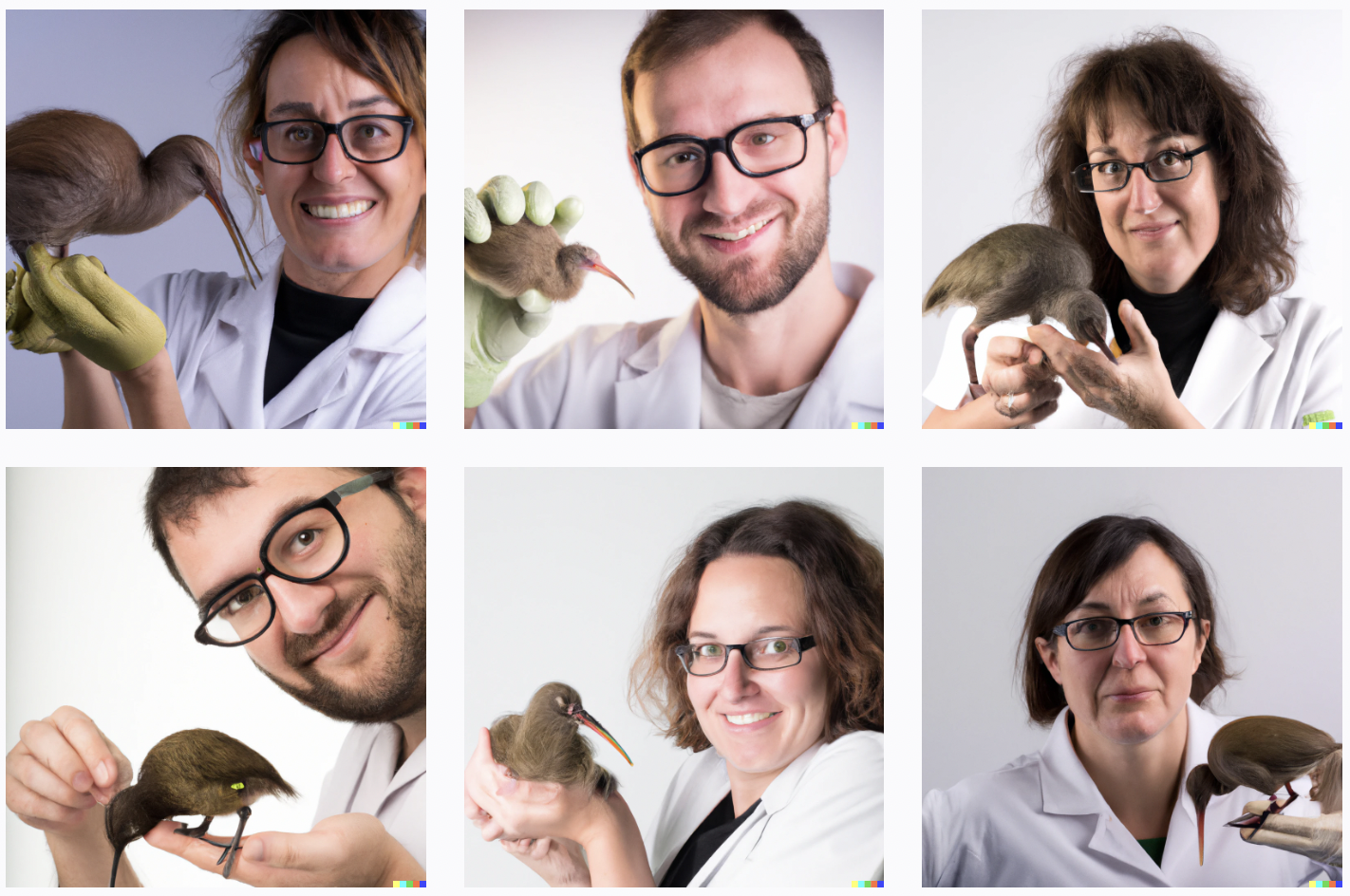 Six generated photos of white scientists in white lab coats wearing dark-framed glasses, holding up a kiwi bird that ranges in size from a sparrow to a large robin. None of them are nearly as big as a chicken.