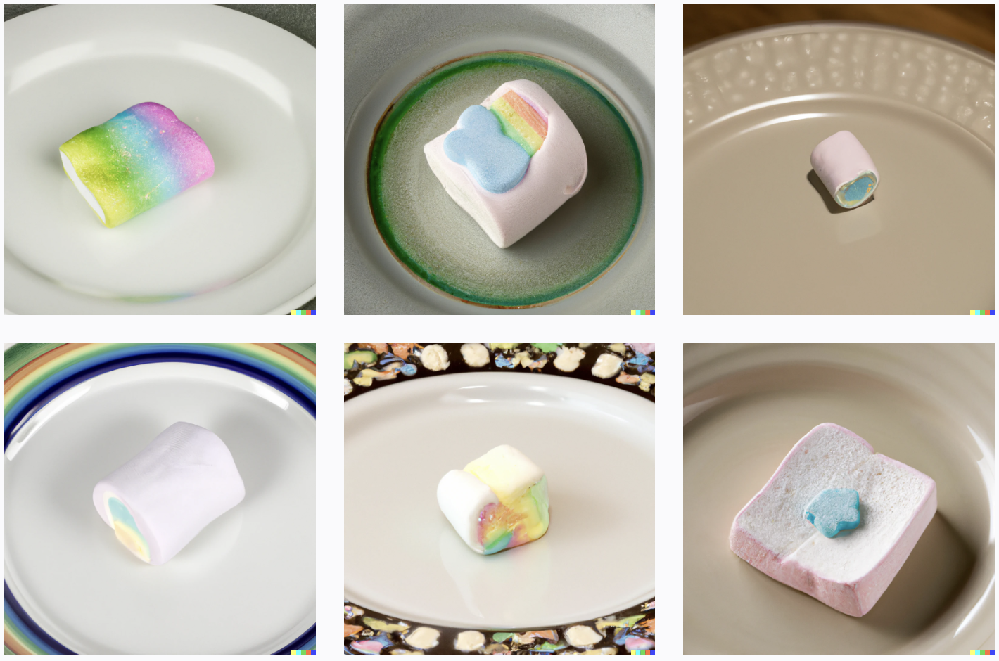 Each plate holds a single colorful marshmallow, some of which have rainbow stripes or swirls. The most interesting marshmallow shape is a star on toast. They're all pretty realistic looking though.
