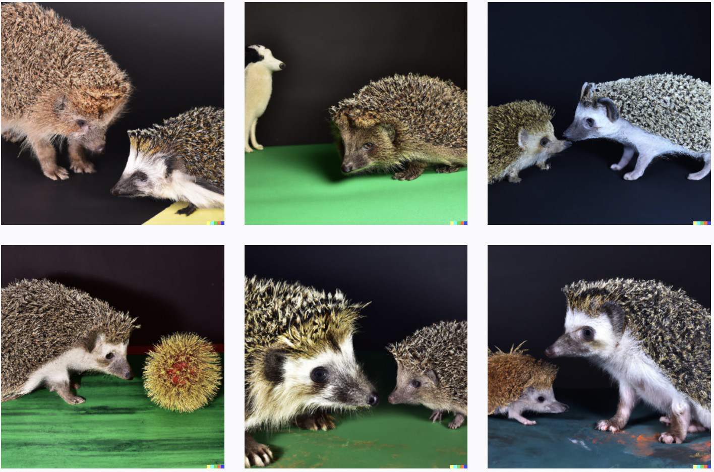 Pairs of animals, mostly two hedgehogs of slightly different sizes. In one generated image there is a hedgehog and a tiny shepherd dog.