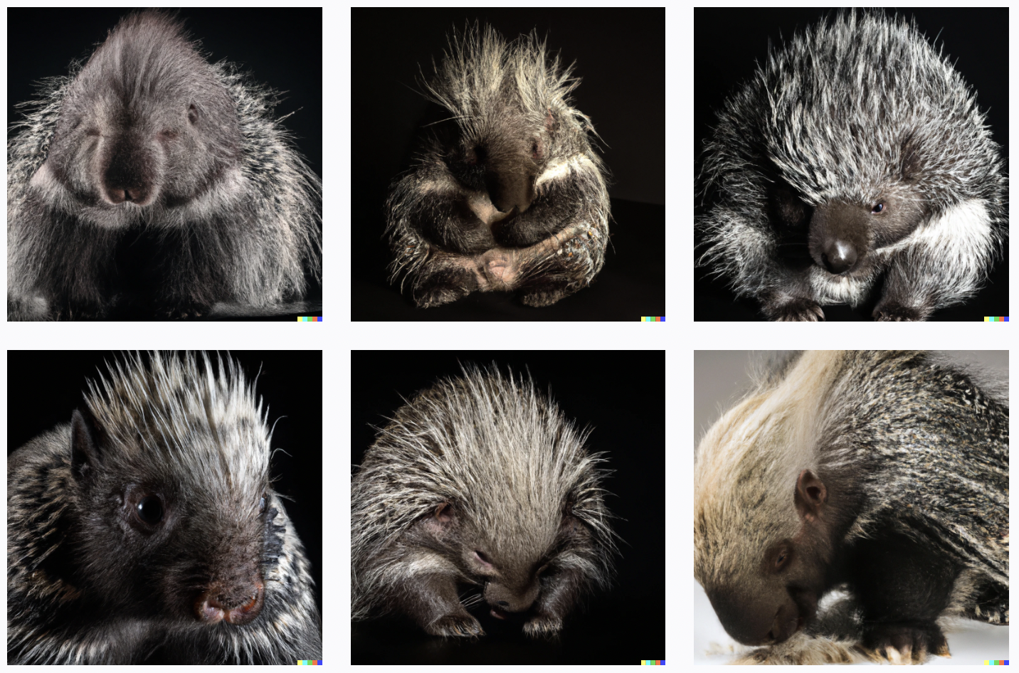 Spiky mammals that resemble American porcupines, including the big nose and long striped quills.