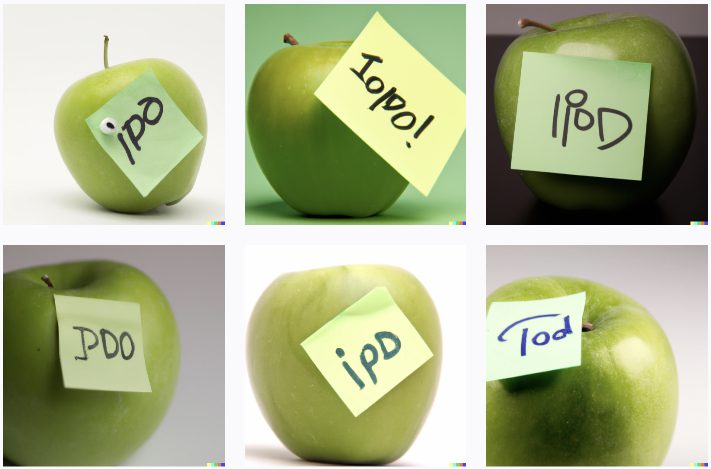 Green apples with post-it notes stuck to them. Their messages read "ipo", "iopo!", "pdo", "ipd", "tod", and "ipod"