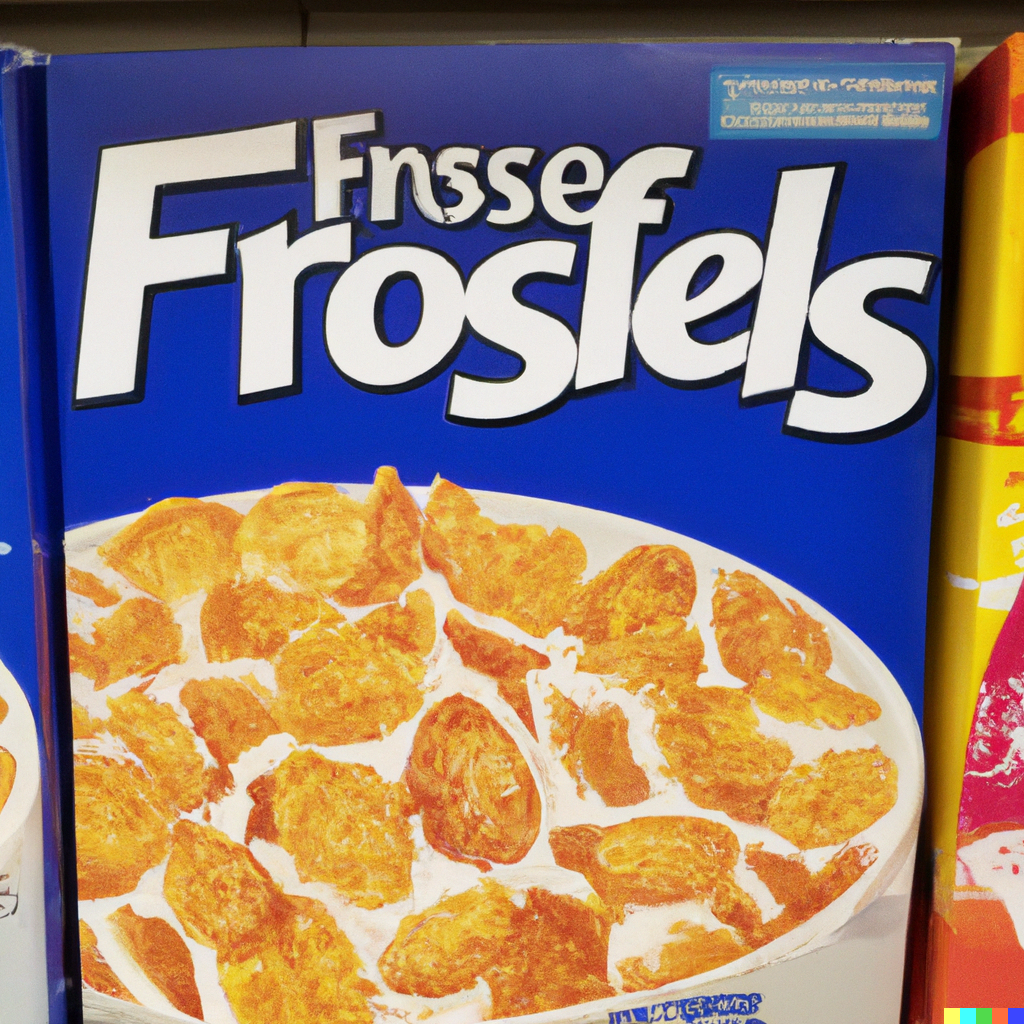 A blue box with white text and a bowl of golden flaked cereal. Text reads "Fnssef Frosfels"