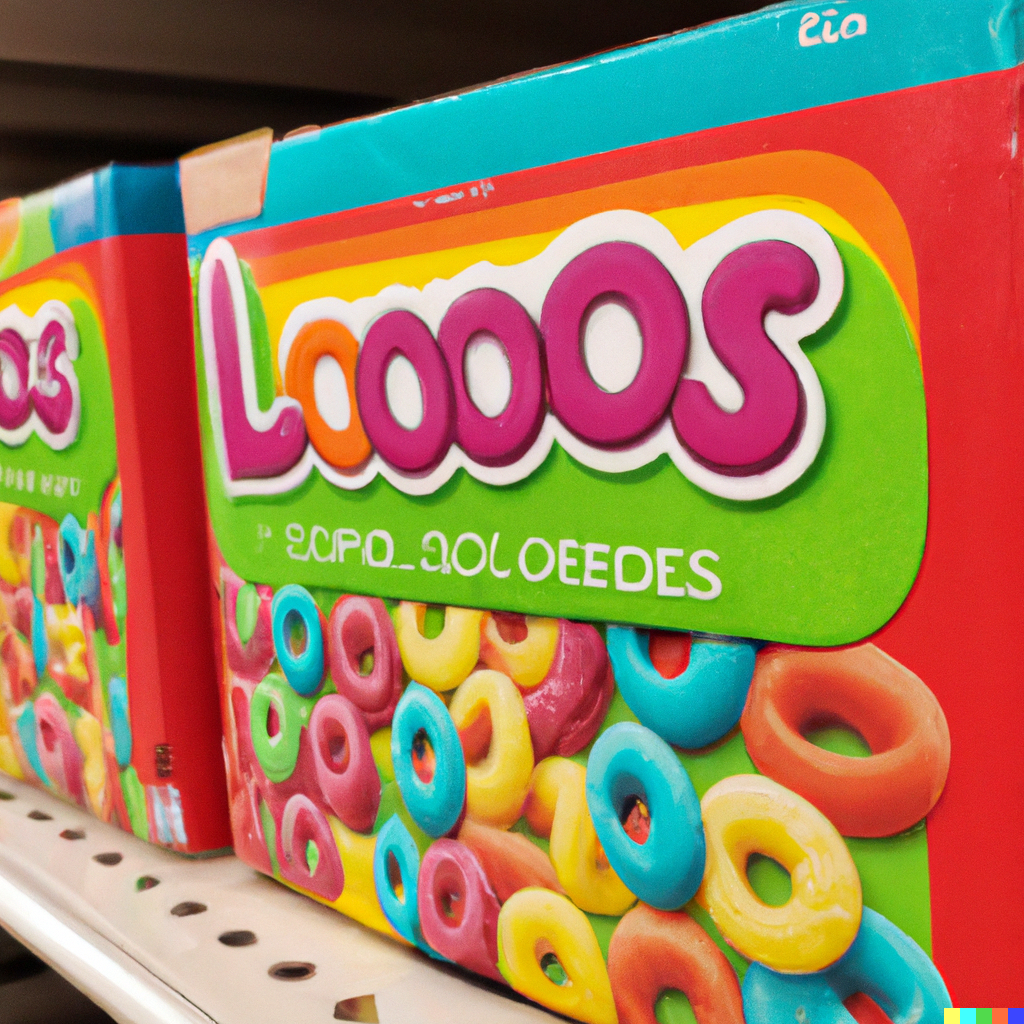 A wide cereal box with shiny cereal hoops covered in what appears to be colored white chocolate or yogurt. Cereal box reads "Loooos" and, in smaller font, "scipio aoloeedes"