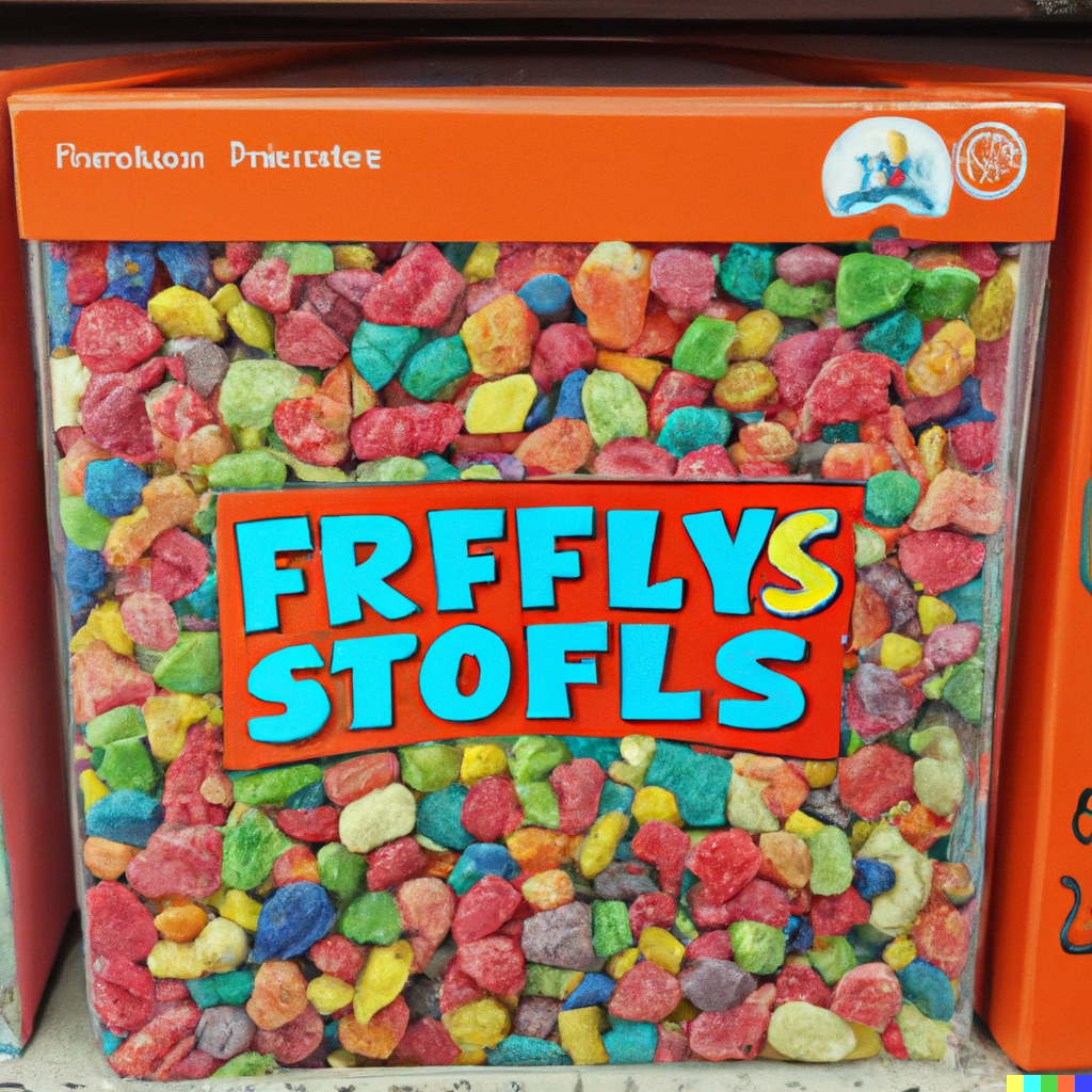 A square box with a giant clear window showing the brightly colored pebbles inside. They look much more like aquarium rocks than like cereal. Text reads Frfflys Stofls