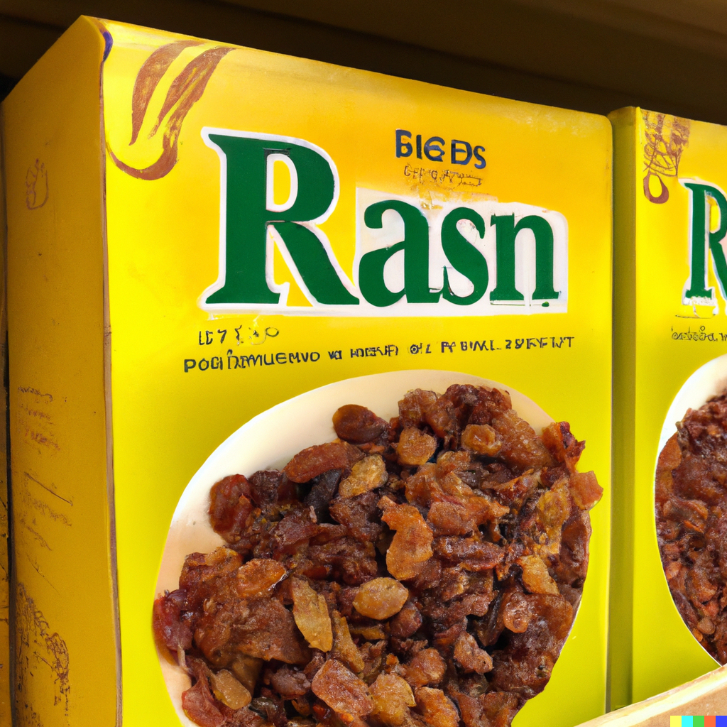 Bright yellow cereal box with a bowl of slightly mangled raisins. No cereal, just raisins. Text reads "Rasn".