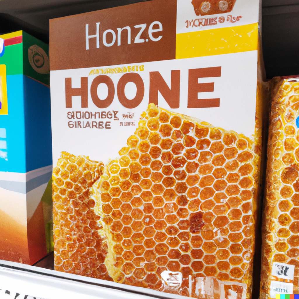 Cereal box with nice-looking but photorealistic golden honeycomb pictured on the front. Also there is a literal chunk of honeycomb sitting nearby. Text reads "Honze Hoone"