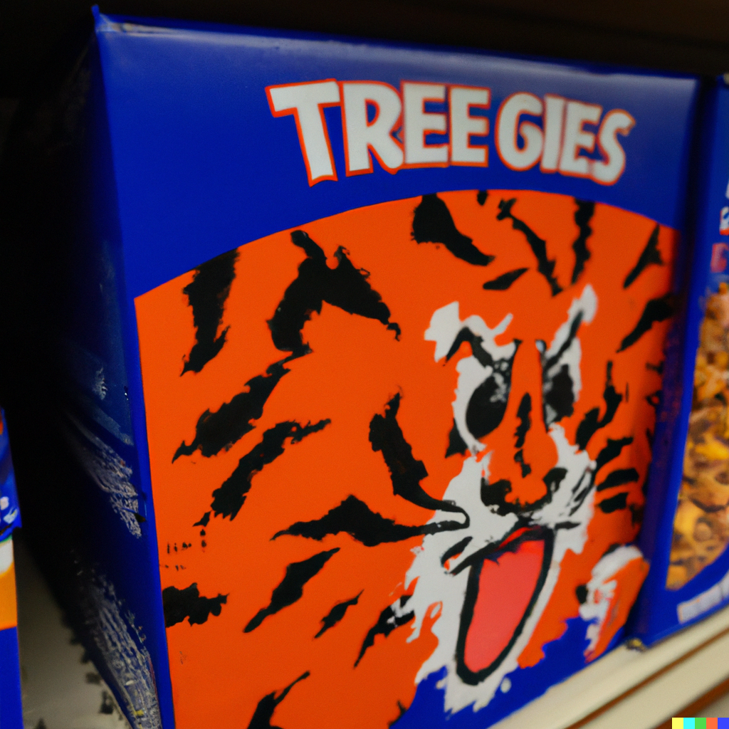 Entire box is covered in an abstract angry tiger's head drawing with tongue hanging out. There is no cereal pictured. Box reads "Treegies"