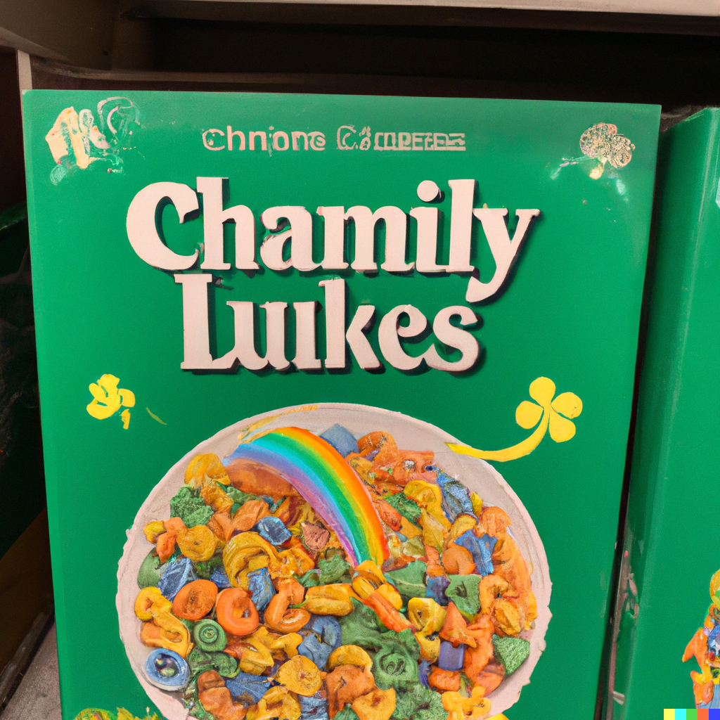 A green cereal box with some yellow four-leaf clovers on it. In the cereal bowl pictured is a small rainbow and a bunch of weirdly coiled colored pieces, like odd-colored tortellini. Text reads "Chamily Luikes"