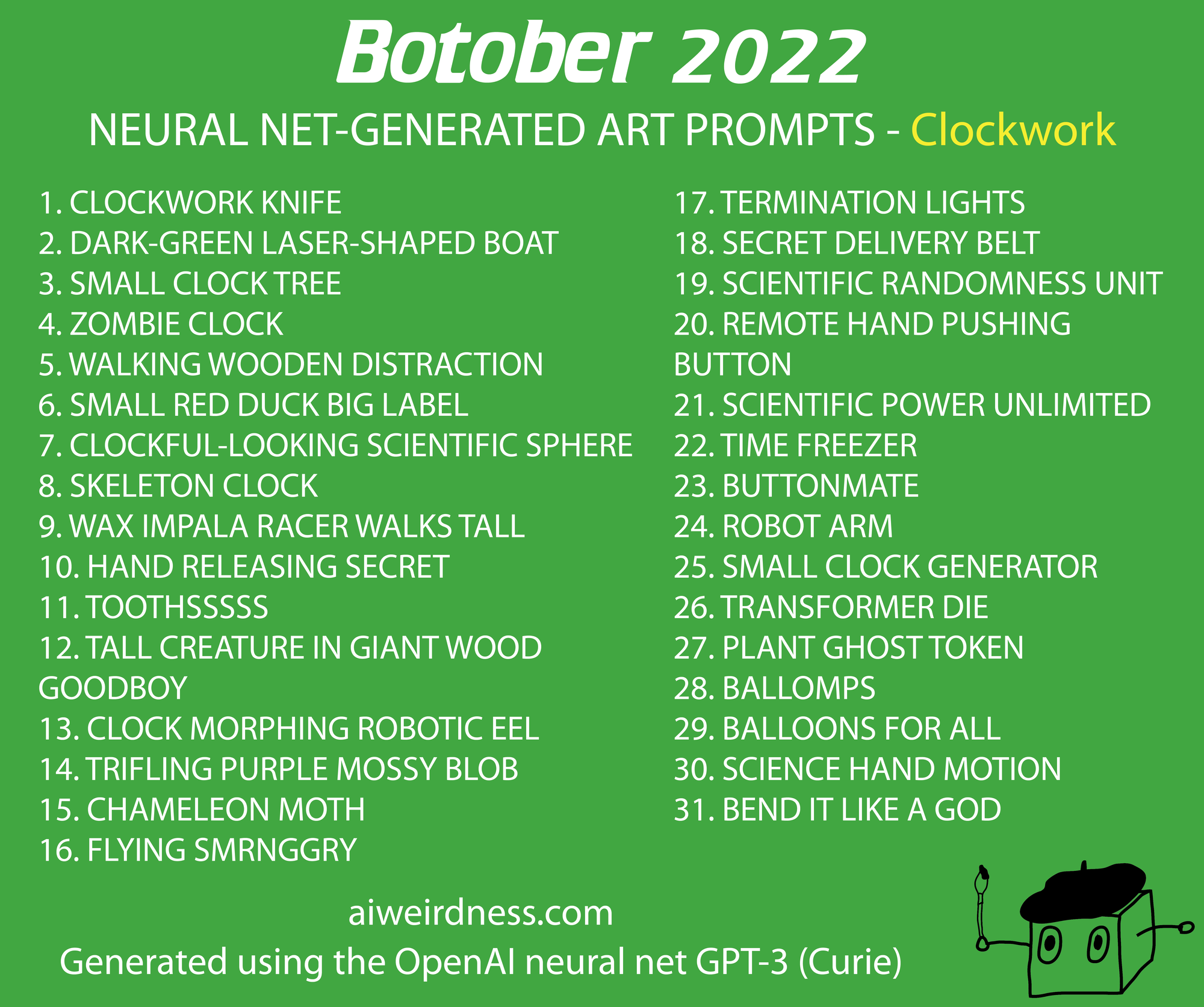 1.. CLOCKWORK KNIFE 2. DARK-GREEN LASER-SHAPED BOAT 3. SMALL CLOCK TREE 4. ZOMBIE CLOCK 5. WALKING WOODEN DISTRACTION 6. SMALL RED DUCK BIG LABEL 7. CLOCKFUL-LOOKING SCIENTIFIC SPHERE 8. SKELETON CLOCK 9. WAX IMPALA RACER WALKS TALL 10. HAND RELEASING SECRET 11. TOOTHSSSSS 12. TALL CREATURE IN GIANT WOOD GOODBOY 13. CLOCK MORPHING ROBOTIC EEL 14. TRIFLING PURPLE MOSSY BLOB 15. CHAMELEON MOTH 16. FLYING SMRNGGRY 17. TERMINATION LIGHTS 18. SECRET DELIVERY BELT 19. SCIENTIFIC RANDOMNESS UNIT 20. REMOTE HAND PUSHING BUTTON 21. SCIENTIFIC POWER UNLIMITED 22. TIME FREEZER 23. BUTTONMATE 24. ROBOT ARM 25. SMALL CLOCK GENERATOR 26. TRANSFORMER DIE 27. PLANT GHOST TOKEN 28. BALLOMPS 29. BALLOONS FOR ALL 30. SCIENCE HAND MOTION 31. BEND IT LIKE A GOD