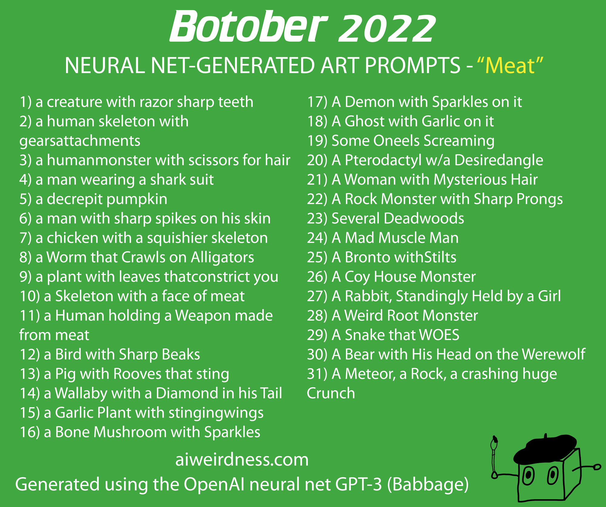 1) a creature with razor sharp teeth  2) a human skeleton with gearsattachments  3) a humanmonster with scissors for hair 4) a man wearing a shark suit  5) a decrepit pumpkin 6) a man with sharp spikes on his skin  7) a chicken with a squishier skeleton  8) a Worm that Crawls on Alligators  9) a plant with leaves thatconstrict you 10) a Skeleton with a face of meat  11) a Human holding a Weapon made from meat  12) a Bird with Sharp Beaks  13) a Pig with Rooves that sting 14) a Wallaby with a Diamond in his Tail 15) a Garlic Plant with stingingwings 16) a Bone Mushroom with Sparkles 17) A Demon with Sparkles on it  18) A Ghost with Garlic on it  19) Some Oneels Screaming  20) A Pterodactyl w/a Desiredangle 21) A Woman with Mysterious Hair  22) A Rock Monster with Sharp Prongs 23) Several Deadwoods 24) A Mad Muscle Man 25) A Bronto withStilts 26) A Coy House Monster 27) A Rabbit, Standingly Held by a Girl 28) A Weird Root Monster 29) A Snake that WOES  30) A Bear with His Head on the Werewolf  31) A Meteor, a Rock, a crashing huge Crunch