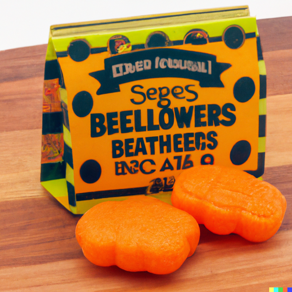 Two puffy orange candies sitting next to a carton labeled "Seges Beellowers Beatheecs"