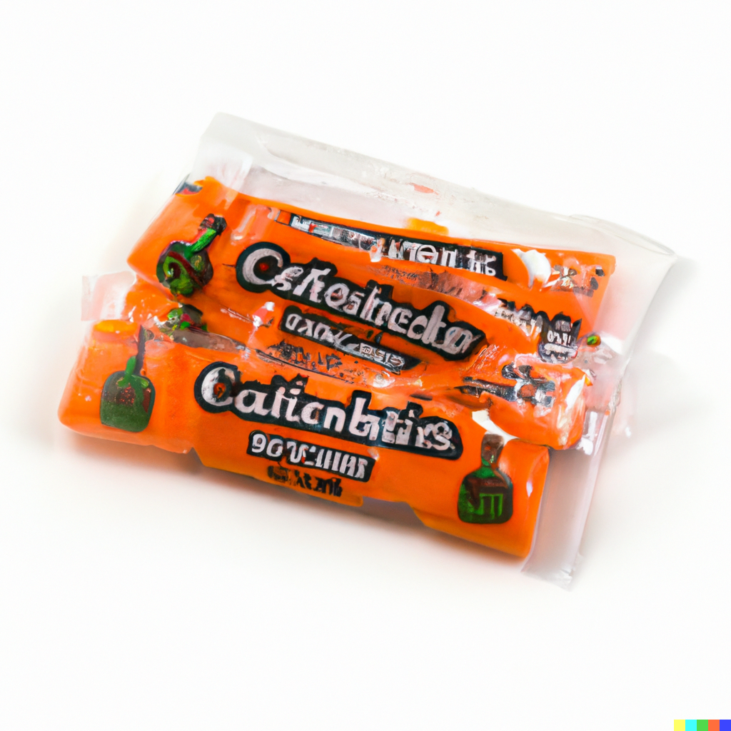 Cellophane wrapped orange wrappers depicting green bell peppers or something. Label says "Caticnbirs"