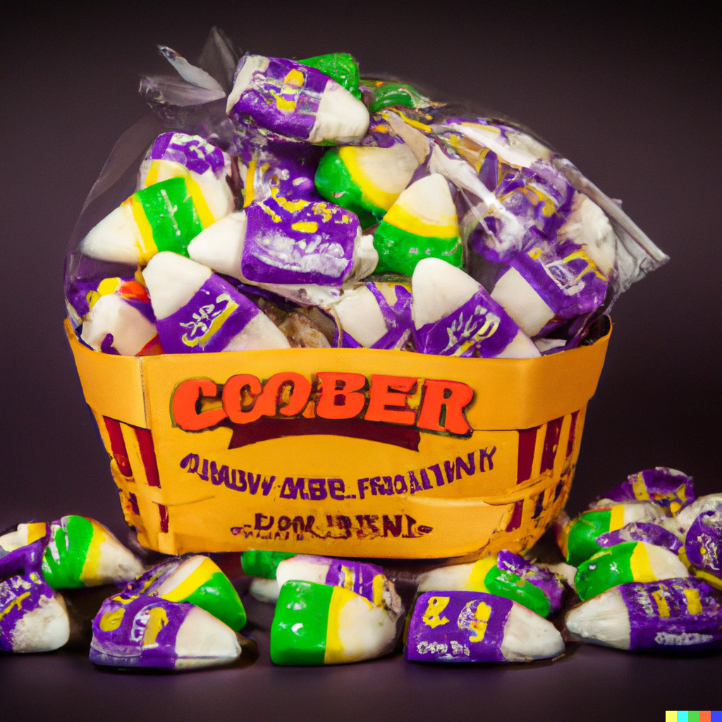 White triangles with purple and green wrappers, in a paper basked labeled "Coober"